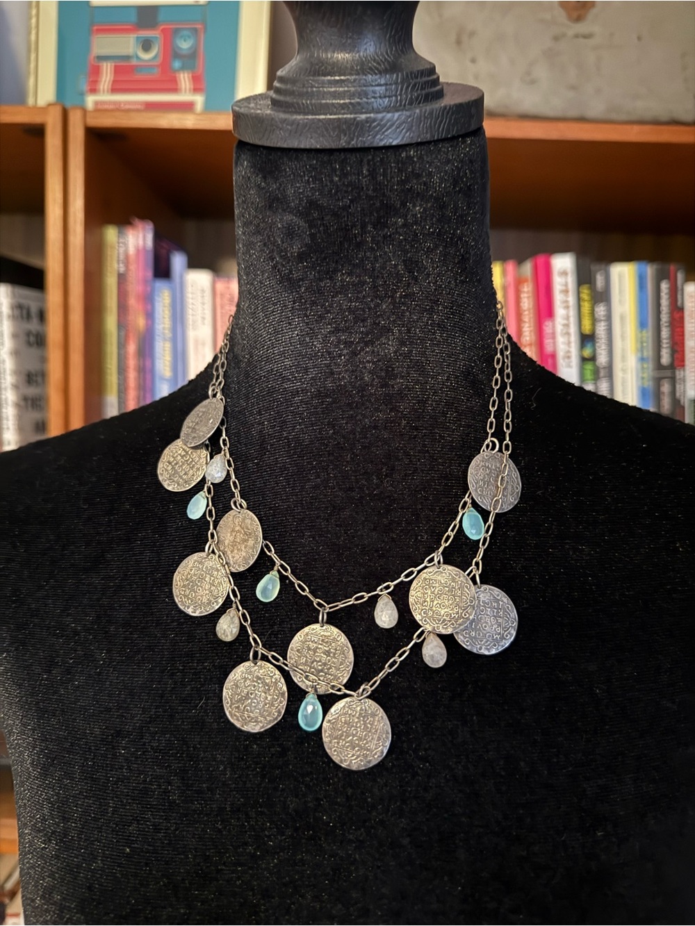 Silver-Tone Layered Coin Necklace with Aqua Teardrop Accents